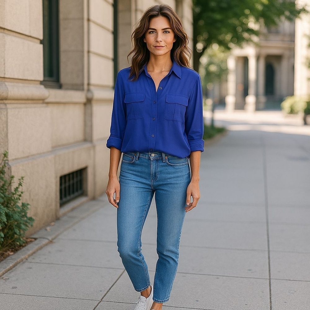 L'Agence Blue 100% Silk Snap Front Shirt Size 6